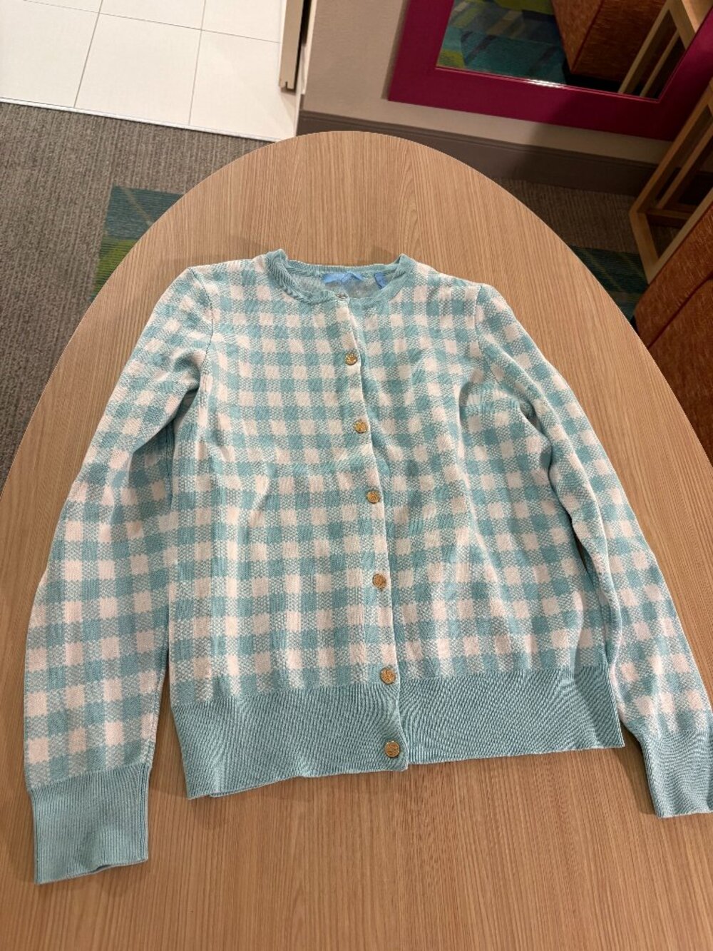 Draper James RSVP Cardigan Sweater  Small Light Blue and White Check Gold Button